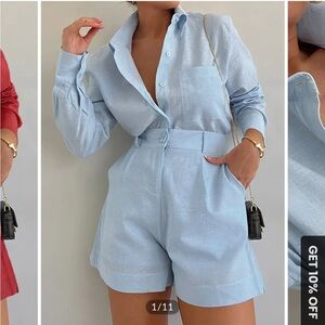 Commense Long Sleeve Loose Shorts Set Blue